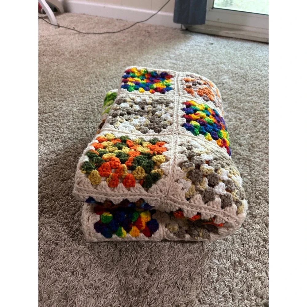 Vintage Handmade Granny Square Crochet Blanket Patchwork Throw Boho Cottagecore